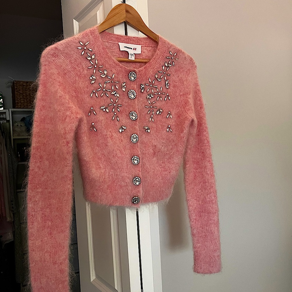Never worn H&M x Paco Rabanne Pink Crystal Mohair Blend Cardigan XS